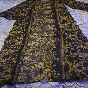 AKIRA Black and Gold Baroque Print Long Duster Coat